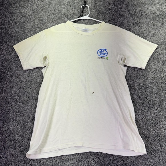 Vintage Hanes Shirt Mens Medium White Intel Inside Pentium III Graphic Tee Y2K